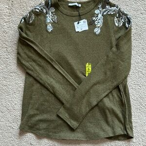 NEW Zara olive green top with sequins & beads size S.